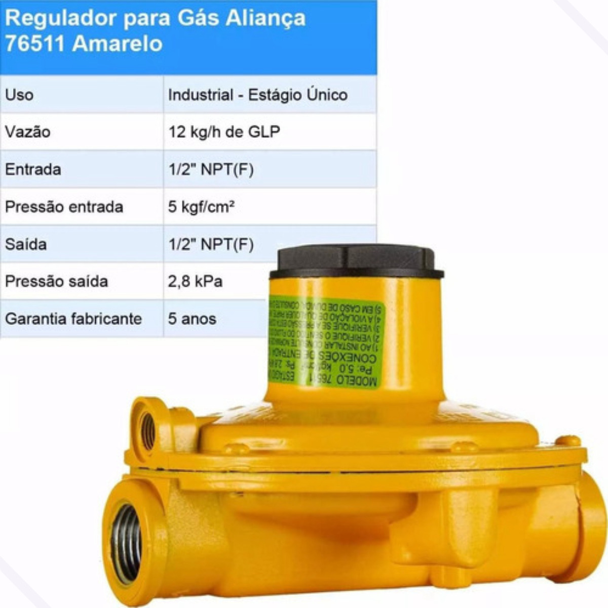 Regulador Gás Aliança 76511 Amarelo 12kg_h Estagio Unico